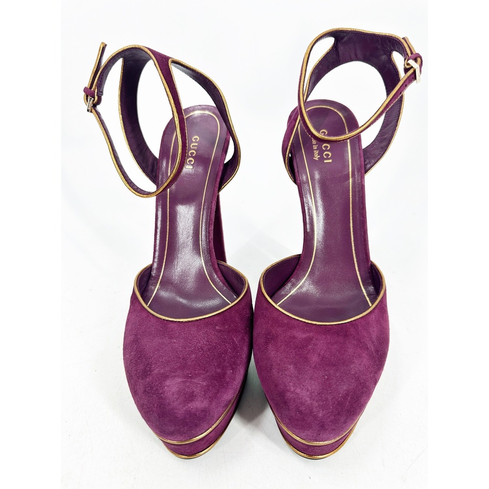 Gucci Platform Pumps Huston 39 Purple Suede Gold Trim Ankle Strap Heels - Picture 9 of 10